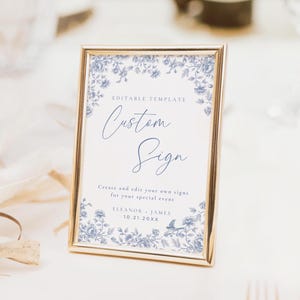 Modelo de placa de casamento personalizada Blue Toile Toile De Jouy DIY Placa de casamento Modelo editável Placa de casamento Chinoiserie Placa personalizada French Toile
