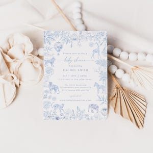 Editable Blue Toile Baby Shower Invitation - Dusty Blue Chinoiserie Baby Shower Invite - Dusty Blue Safari Baby Shower - Instant Download