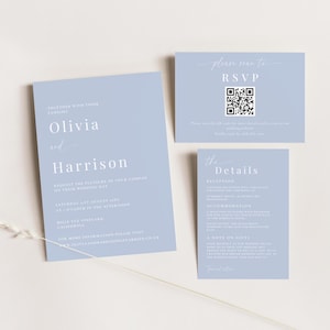 Conjunto de convites de casamento azul claro - modelo editável - conjunto de convites de casamento azul empoeirado - convite azul claro moderno Canva - download instantâneo