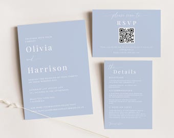 Dusty Blue Wedding Invitation Suite: Editable Canva Template (Instant Download)