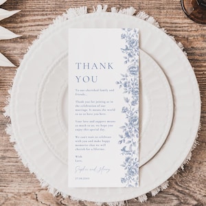 Nota de agradecimiento de boda con servilleta de toile azul Nota de agradecimiento con rosa francesa Tarjeta de agradecimiento vintage francesa Tarjeta de mesa de recepción estilo chinoiserie