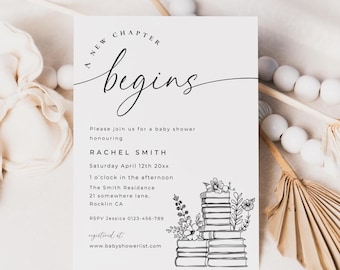 A New Chapter Begins Baby Shower Invitation Template Download, Neutral Storybook Invites Printable Baby Sprinkle Decor
