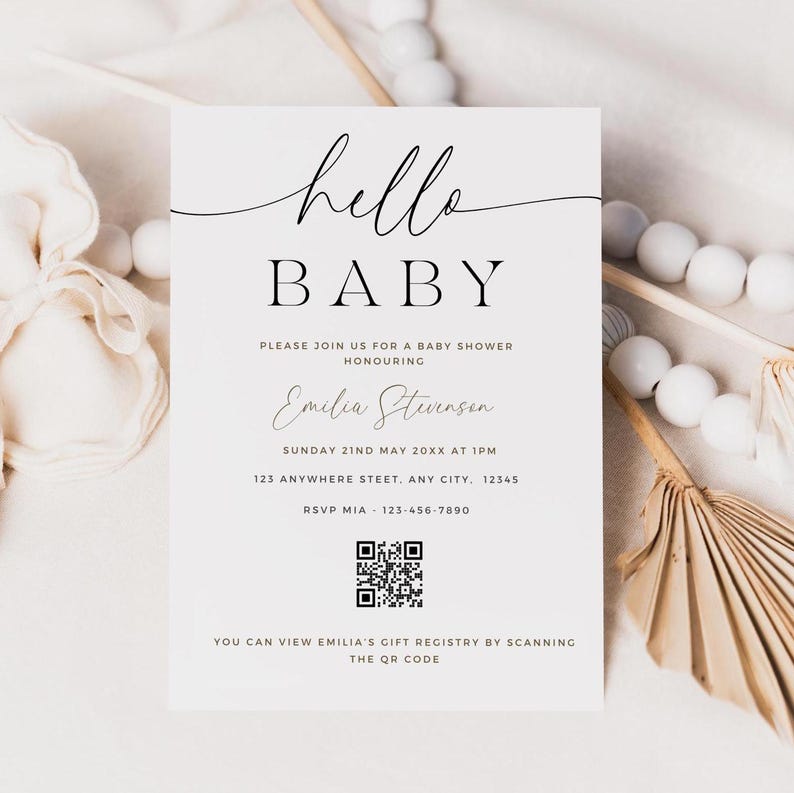 Minimalist Baby Shower Invite - Baby Shower Registry Card - QR Code ...