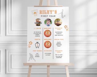 May include: A white poster board with orange and black accents, featuring a basketball theme. The poster board is titled "Riley's First Year" and includes information about Riley's first year of life, such as weight, height, first words, and favorite foods. The poster board also includes photos of Riley.