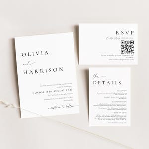 May include: Wedding invitation suite with a white background and black text. The invitation card features the names Olivia and Harrison, the date Monday 16th August 2027, and the time 2 o'clock in the afternoon. The RSVP card includes a QR code and the website www.ourweddingwebsite.com. The details card includes the reception and accommodation information.
