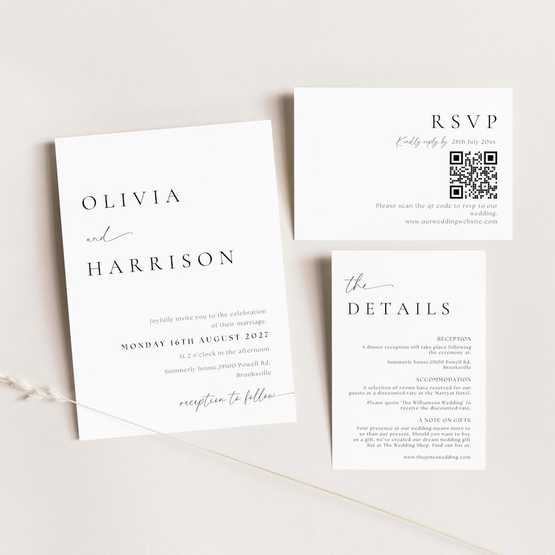 May include: Wedding invitation suite with a white background and black text. The invitation card features the names Olivia and Harrison, the date Monday 16th August 2027, and the time 2 o'clock in the afternoon. The RSVP card includes a QR code and the website www.ourweddingwebsite.com. The details card includes the reception and accommodation information.