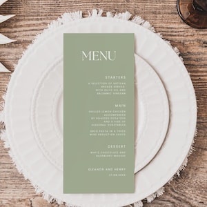 Plantilla de menú de boda minimalista en color verde salvia, plantilla imprimible, menú elegante para cena de boda en color verde, menú de mesa larga, ML45