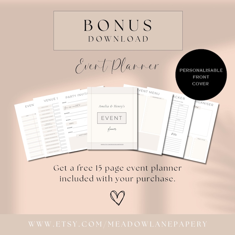 May include: A free 15-page event planner printable download. The planner includes sections for venue, party invitations, event menu, tracker, and organizer. The cover features the text "Amelia & Henry's Event Planner".