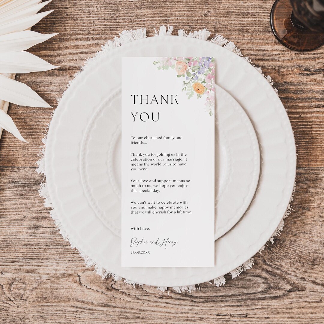 Wildflower Wedding Thank You Card Template, Pastel Floral Napkin Note ...