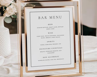 Modern Bar Menu Sign Editable Template, Wedding Reception Drinks Menu Printable, Minimalist Stationary Canva Template MLAM