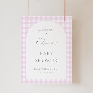 Pink Gingham Baby Shower Welcome Sign - Editable Template - Instant Download - Editable Pink Gingham Welcome Sign - Baby Shower Decor