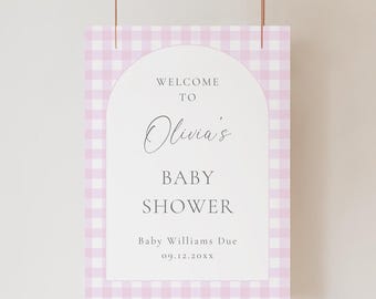Różowa kratka w kratkę – tabliczka powitalna na baby shower: edytowalny szablon (do pobrania w wersji cyfrowej)