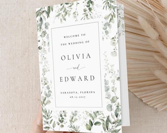 Greenery Wedding Program Template Printable, Eucalyptus Order of Events Foldable, Wedding Timeline Digital Download, #MLEC1