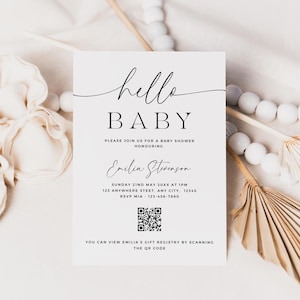 Minimalistische Babyparty einladen - Babyparty-Registrierkarte - QR-Code-Einladung - Bearbeitbare Vorlage - QR-Code-Registrierkarte - Druckbereit