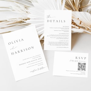 May include: A white wedding invitation suite with black text. The invitation card features the names Olivia and Harrison, the date Monday, August 16th, 2027, and the time 2 o'clock in the afternoon. The reception details card includes the location, accommodation information, and a note on gifts. The RSVP card has a QR code and the text "Kindly reply by 28th July 20xx".