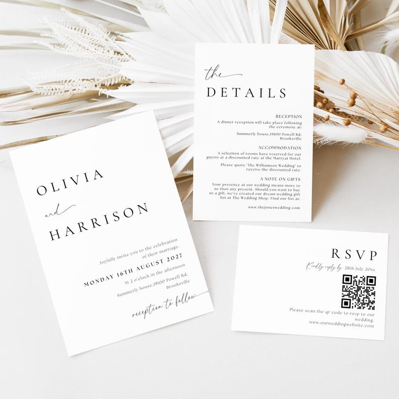 May include: A white wedding invitation suite with black text. The invitation card features the names Olivia and Harrison, the date Monday, August 16th, 2027, and the time 2 o'clock in the afternoon. The reception details card includes the location, accommodation information, and a note on gifts. The RSVP card has a QR code and the text "Kindly reply by 28th July 20xx".