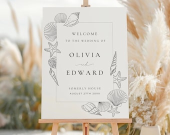 Beach Wedding Welcome Sign, Coastal Shell Decor Editable Template, Destination Wedding Sign Printable, Instant Download Wedding Stationary