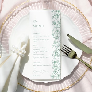 Karta menu weselnego Zielony toile De Jouy Menu weselne Kwiatowe menu weselne Karta menu szałwiowego nakrycia stołu Menu Chinoiserie Dekoracje weselne