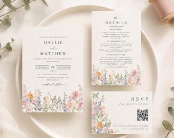 Wildflower Wedding Invitation Suite, Watercolour Florals Invitation With QR Code, Soft Whimsical Wedding Stationary, Invitation Set, MLDC