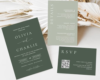 Dunkelgrüne Hochzeitseinladung, elegantes Design, sofortiger Download, elegantes Antwortkarten-Set mit QR-Code #MLDG1