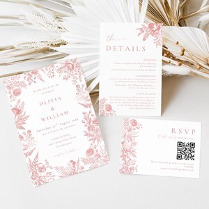 Könnte beinhalten: Hochzeitspapeterie-Set mit floralem Design in Rosa. Das Set beinhaltet eine Einladung, eine Detailkarte und eine RSVP-Karte. Die Einladung zeigt die Namen Olivia & William, und die RSVP-Karte enthält einen QR-Code.