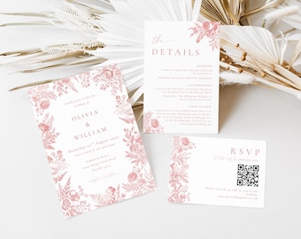 Roze toile de jouy-trouwsuite afdrukbaar, chinoiserie-huwelijksuitnodiging QR-code RSVP, stoffige roze bruiloftbundel canvassjabloon MLPT