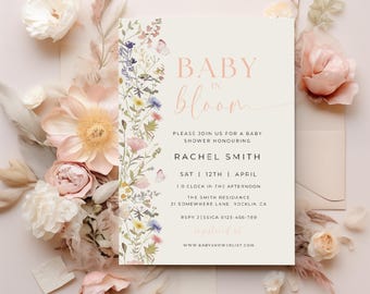 May include: A baby shower invitation with a floral design. The invitation reads "Baby in Bloom" and includes the details of the event: Rachel Smith, Sat 12th April, 10 o'clock in the afternoon, The Smith Residence, 21 Somewhere Lane Rocklin CA, RSVP Jessica 0123-456-789, www.babyshowerlist.com.