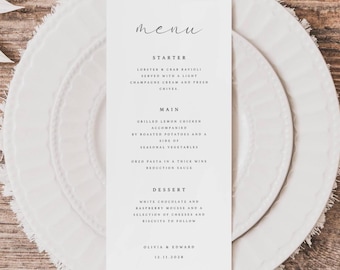 Minimalistische menusjabloon, elegante menusjabloon voor bruiloften, bewerkbaar dinermenu, afdrukbaar luxe ontwerp, menu vrijgezellenfeest, CHARLOTTE