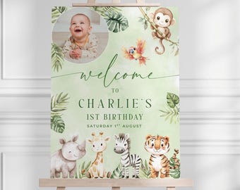 Wild One Birthday Welcome Sign, Safari Theme Birthday Stationary Printable, First Birthday Poster With Photo, Editable Template
