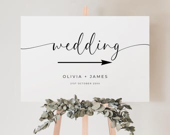 Minimalist Wedding Direction Sign Printable, Wedding This Way Poster Digital Download, Landscape Wedding Directional Arrow Sign Template