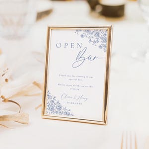 Blue Toile Open Bar Wedding Sign: Chinoiserie Floral (Editable Template)