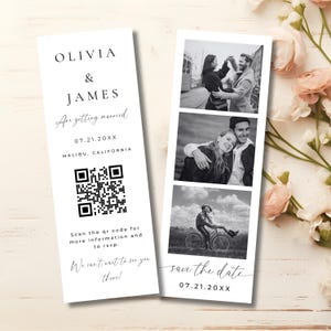 Plantilla editable de Canva para guardar la fecha en tiras de fotos - Código QR - Anuncio de boda - Diseño único - Tira minimalista para fotomatón