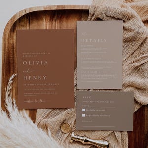 Faire-part de mariage marron, faire-part de mariage, tons ocre, décoration de mariage bohème, beige, détails carte, lot de 3 pièces, carte de mariage bohème
