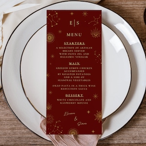 Modelo de cardápio de casamento celestial em tom vinho: estrelas de tarô (download digital), guardanapos boho para impressão, papelaria de casamento com lua e estrelas