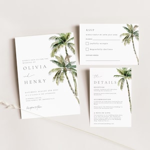 May include: Wedding invitation suite with a tropical theme. The invitation features a watercolour illustration of palm trees and the text "Kindly join us for the wedding of Olivia and Henry, Saturday August 27th 2027 at 1 o'clock in the afternoon, Summerly House, 19100 Powell Rd, Brooksville, Reception to follow". The RSVP card has a checkbox for "Joyfully accepts" and "Regretfully declines". The details card has the text "The Details, Reception, A dinner reception will take place following the ceremony at Summerly House, 19100 Powell Rd, Brooksville, Accommodation, A selection of rooms have been reserved for our guests at a discounted rate at the Marley Motel... The Williamson Wedding in Brooksville, A note on gifts, Your presence at our wedding means more to us than any gift. However, if you still want to buy a gift, we've created our dream wedding gift list at the wedding website, www.williamsonwedding.com".