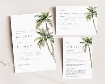 Tropical Palm Tree Wedding Invitation Suite, Destination Wedding Set Canva Template, Modern Minimalist Wedding Invite Download #MLPC1