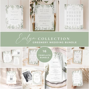 May include: A collection of wedding stationery templates with a greenery theme. The "Evelyn Collection" includes invitations, signage, menus, and table cards. The designs feature botanical illustrations and elegant typography, perfect for a wedding.
