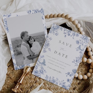 Blue Toile Save the Date: Floral Wedding Printable Template (5x7 Digital Download)