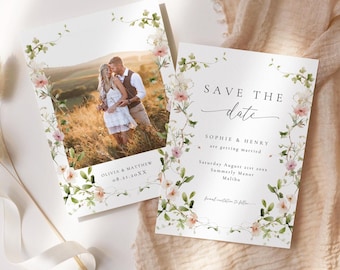 Dusky Pink Floral Save the Date Photo Card, Watercolor Floral Wedding Invitation Template, Printable Wedding Stationary With Greenery, ISLA