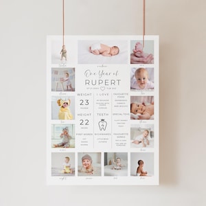 Cartel minimalista con foto para primer cumpleaños, plantilla editable, póster del primer año del bebé, descarga instantánea, cartel moderno con foto para primer cumpleaños.