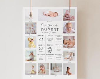 Minimalist First Birthday Photo Sign Template, Editable Milestone Poster Digital Download, One Year of Poster Printable