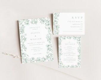 Floral Wedding Invitation Suite Digital Download, Green Toile Invite Collection Editable Template, DAPHNE