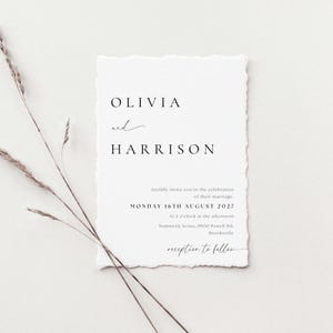 May include: A wedding invitation with a simple design featuring the names Olivia and Harrison, the date Monday 16th August 2027, and the time 2 o'clock in the afternoon. The invitation also includes the location Summerly house, 19100 Powell Rd., Brooksville, and the phrase "reception to follow".