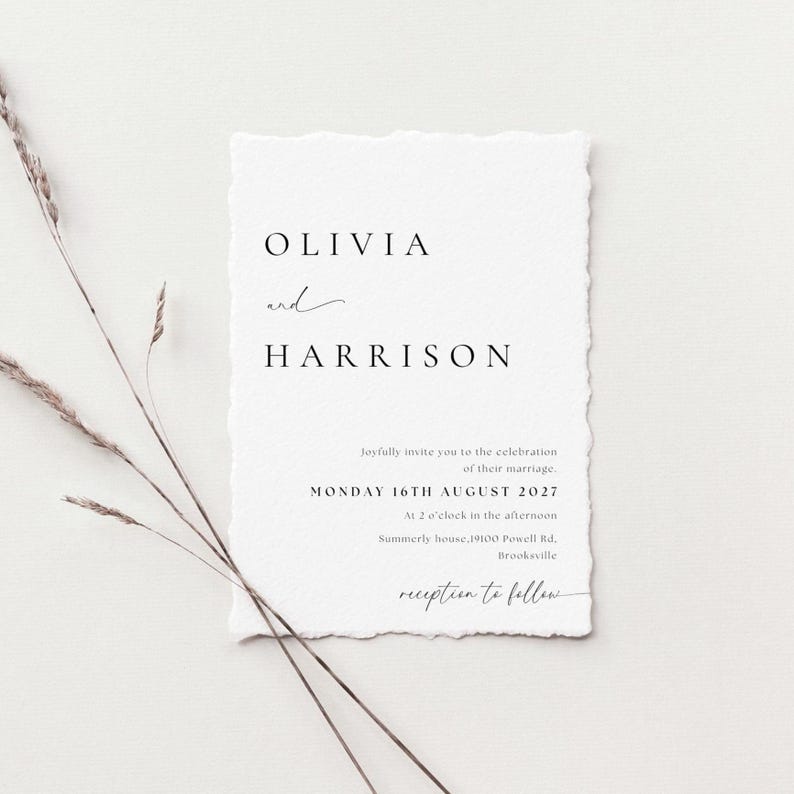 May include: A wedding invitation with a simple design featuring the names Olivia and Harrison, the date Monday 16th August 2027, and the time 2 o'clock in the afternoon. The invitation also includes the location Summerly house, 19100 Powell Rd., Brooksville, and the phrase "reception to follow".