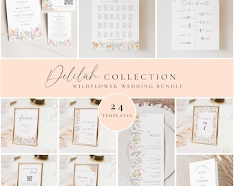 Wildflower Wedding Bundle Printable Templates, Watercolour Floral Wedding Set Wildflower Wedding Signs, Invitation Suite With QR Code, MLDC
