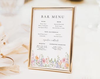 Letrero para el menú del bar de la boda con flores silvestres, letrero de cócteles de autor con motivos florales, letrero para la mesa de recepción con flores en acuarela, plantilla editable #MLDC1
