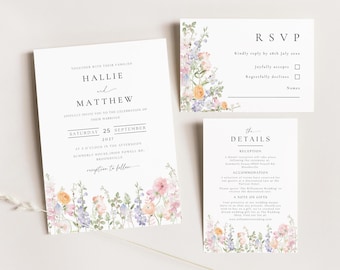 May include: Elegant wedding invitation suite featuring floral watercolor designs in pastel colors. The invitation includes the names Hallie and Matthew, date, time, and location. RSVP and details cards complete the set.
