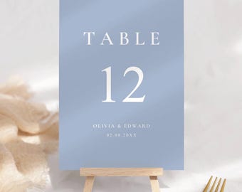 Plantilla imprimible de números de mesa para bodas en azul polvoriento para una decoración elegante, letreros de mesa, descarga instantánea, planos de asientos descargables, ELIZA