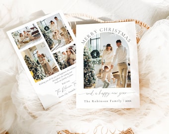 May include: Two Christmas cards with family photos. One card features multiple family photos, the other says "Merry Christmas and a happy new year". The cards are white with black text and family photos.