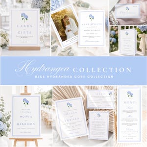 May include: A wedding stationery collection featuring blue hydrangea illustrations and light blue borders. The set includes a cards and gifts sign, save the date, table card, invitation, welcome sign, RSVP card, details card, and a menu card.